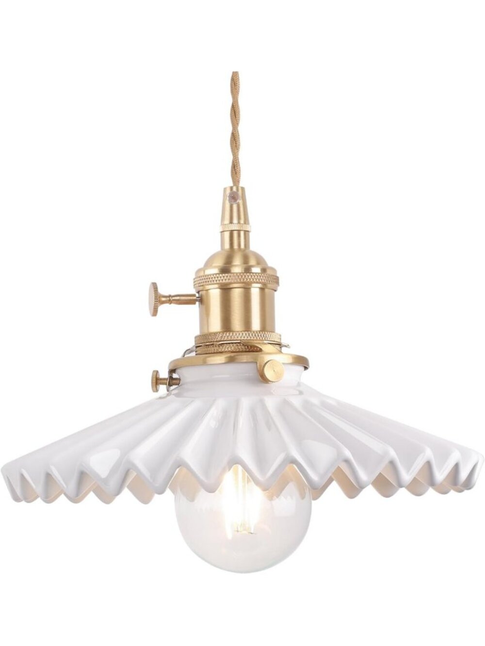 Vintage Brass Pendant Light with White Pleated Shade, Adjustable Hanging Fixture